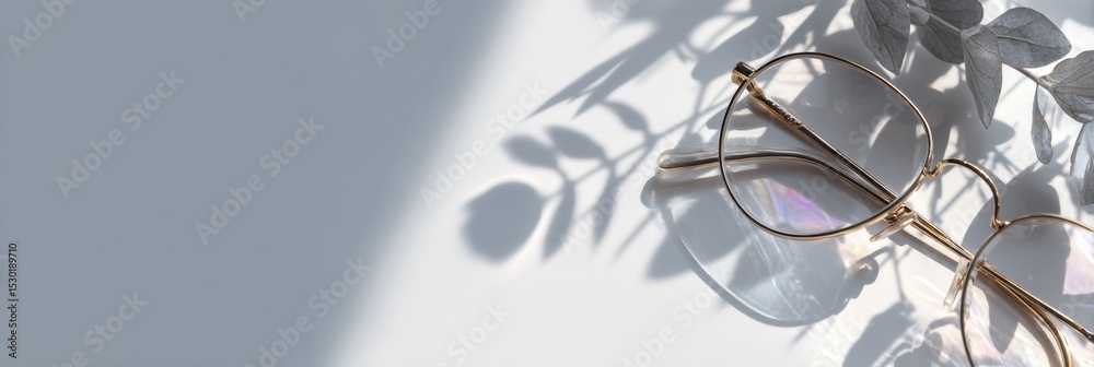 Aufkleber Stylish Glasses With Elegant Shadows From Greenery in a Minimal Flat Lay Setting Showcasing Design and Aesthetic Quality