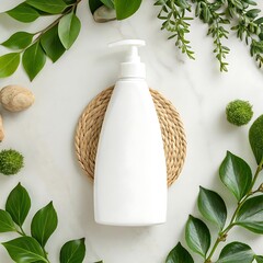 A clean, overhead flat lay showcases a white pump bottle of lotion or soap on a round woven mat, surrounded by an assortment of fresh green leaves, moss balls, and natural elements a use as mock up, 