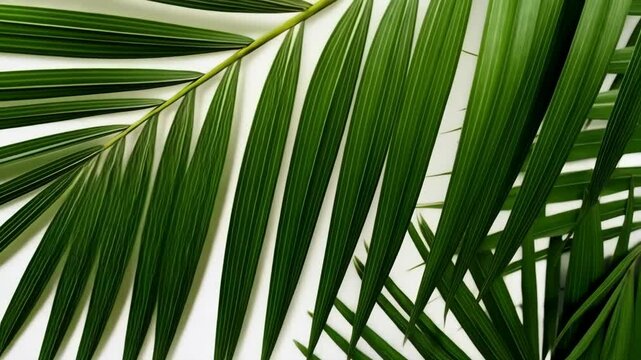 Overlapping vibrant green palm leaves diagonally arranged on a clean white surface creating a natural, tropical border element.