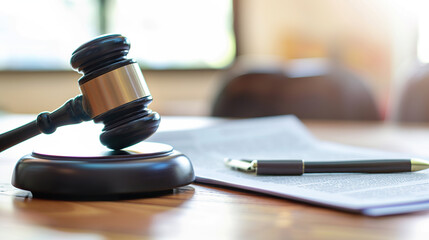 Fototapeta premium Gavel resting on legal documents with open law book, symbolizing justice, court trial, legal dispute resolution and copyright law concept.