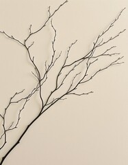 Obraz premium A minimalist photograph of a bare, thin branch with multiple twigs against a light beige background.
