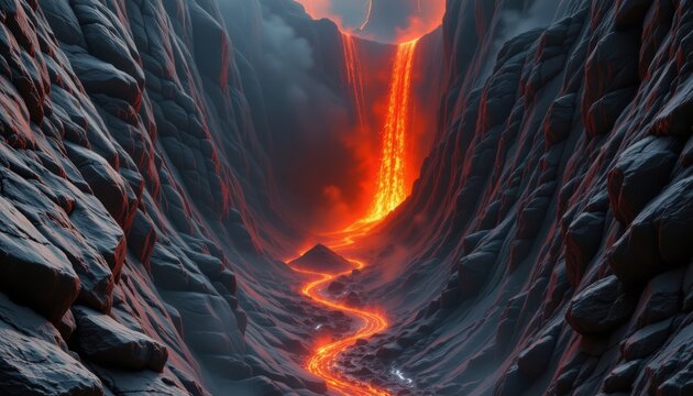 ultra realistic 8k high resolution image of a volcano erupting inside deep narrow canyon, cinematic confined eruption, hyper detailed glowing magma rivers flowing through stone corridors, 300dpi