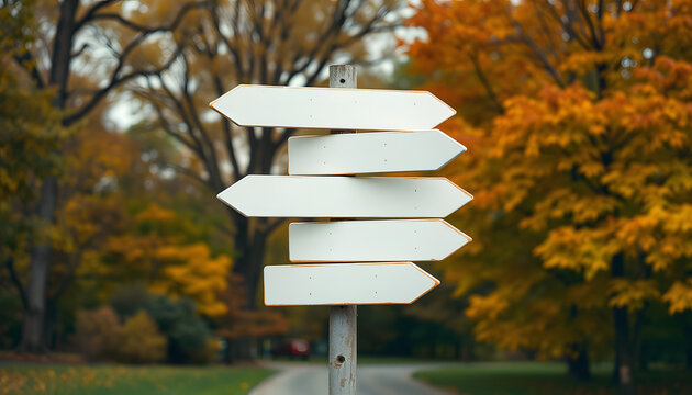 "Rustic wooden travel signpost with multiple empty directional arrows against a golden autumn park scenery, realistic road sign mockup", craft clay. with white shades