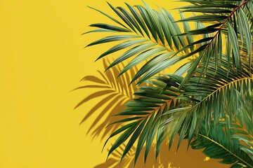 Fototapeta premium Lush Green Palm Leaves Casting Shadows on Bright Yellow Wall Backdrop