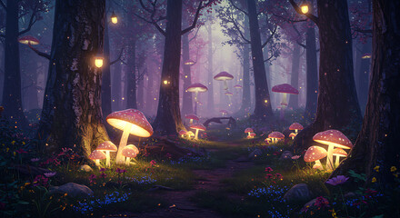 Glowing Mushrooms in Mystical Purple Forest with Soft Lighting