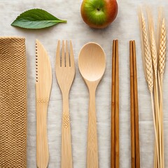 
A flat lay composition displays a sustainable bamboo cutlery set, including a knife, fork, spoon, and chopsticks, alongside a woven case, a fresh green leaf, a bi-colored apple, and use for mock up, 