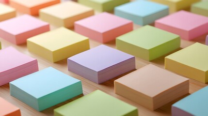 Colorful sticky notes in geometric pattern on wooden desk, minimalist office supplies. Creative workspace organization and visual inspiration.