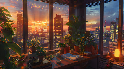 city night, city light, city sunset over the window