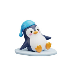 Cute Cartoon Penguin Wearing Blue Sleep Hat Sitting on Ice Flake in Playful Style