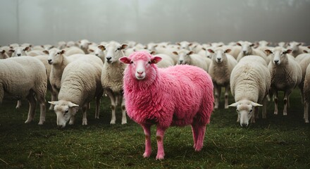 Fluffy pink sheep in a herd of white ones, vivid wool texture, soft lighting, surreal yet cozy atmosphere, symbol of standing out and being different in gentle har.