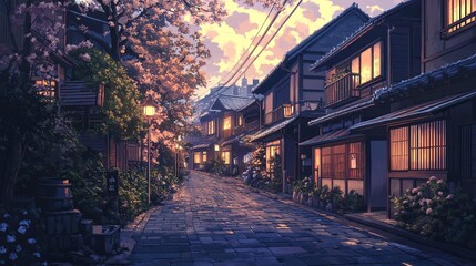 Fototapeta premium Serene Japanese Tokyo Street with Houses and Trees