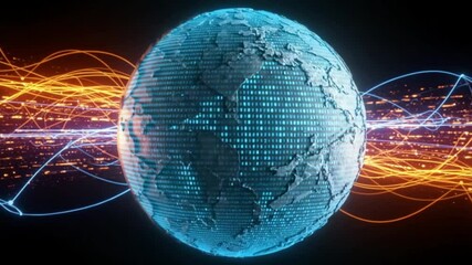 Digital earth globe with glowing data streams depicting global data network connection - Powered by Adobe