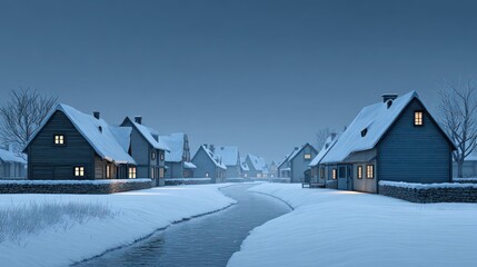Snowy Village Landscape at Dusk with Warm Yellow Lights Glowing