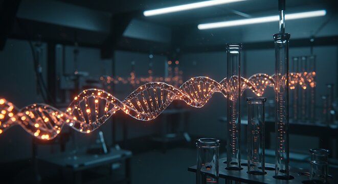 High-Tech Futuristic Genetics Laboratory Interior with DNA Research Equipment and AI-Powered Analysis Stations