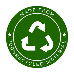 Made from 100% Recycled Material Badge Green Eco Label with Recycle Symbol Vector Emblem