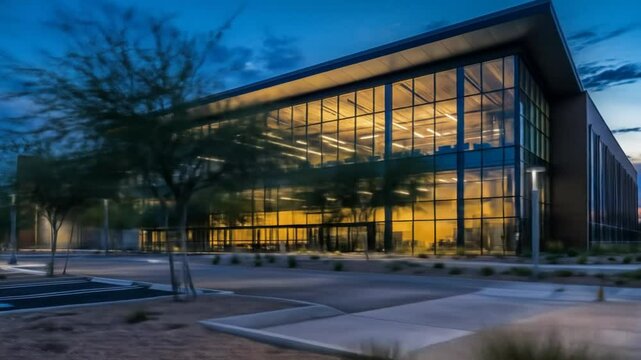 Modern corporate architecture at dusk: a symphony of glass and light design