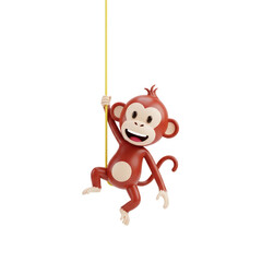Cute Red Monkey Toy Hanging from Yellow Rope in White Background