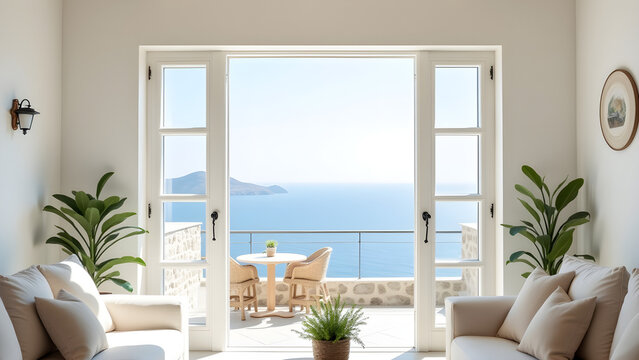 Bright living room overlooking aegean sea in traditional greek island home