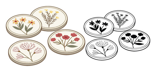 Charming floral illustrations of round coasters in color and outlines for decorative and design purposes