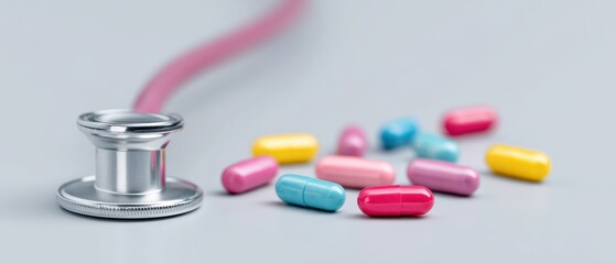 Healthcare action medication and stethoscope on grey surface pharmaceutical content clinical environment close-up view medical concept