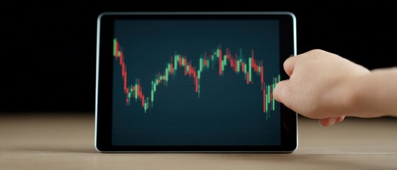 Analyzing market trends digital device stock data visualization modern workspace close-up view financial insight