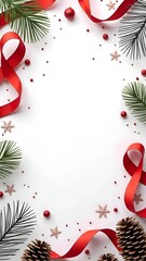 Festive Red Ribbon Christmas Frame Background with Ornaments, Snowflakes, and Evergreen Decorations for Holiday Cards, Invitations, and Seasonal Promotions.
