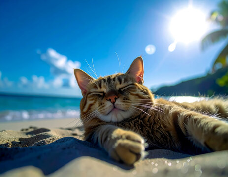cat cute on summer vacation in beach