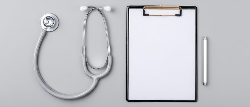 Medical tools and equipment healthcare setting image of stethoscope and clipboard minimalist environment top view clinical concept for seo impact