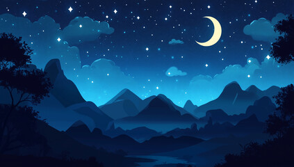 Fototapeta premium A crescent moon over a mountainous desert landscape with a starry night sky. The night sky with stars and a crescent moon over the mountains, a blue color background