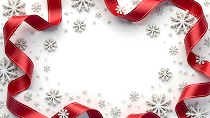 Festive Red Ribbon Christmas Frame Background with Ornaments, Snowflakes, and Evergreen Decorations for Holiday Cards, Invitations, and Seasonal Promotions.
