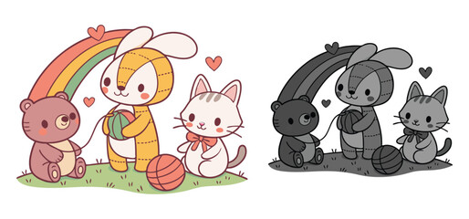 Cute cartoon characters bear bunny and cat playing with yarn balls under a rainbow on a white background