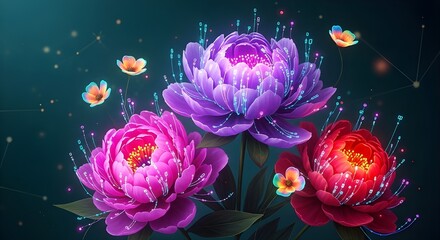 Cyberpunk Floral Still Life with Glowing Peonies and Circuit Petals
