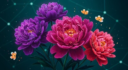 Cyberpunk Floral Still Life with Glowing Peonies and Circuit Petals