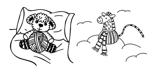 Cute cartoon illustration with a sleeping sheep and a zebra wearing a cozy scarf with cloud outline and minimalistic design