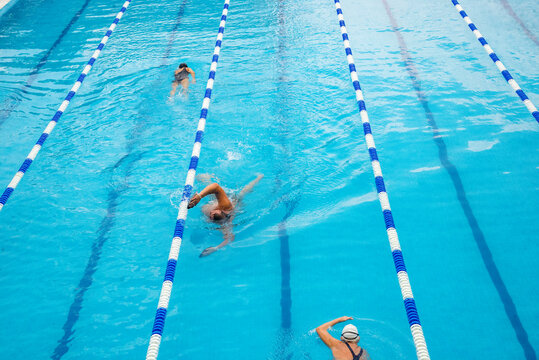A group of swimmers are racing in a pool