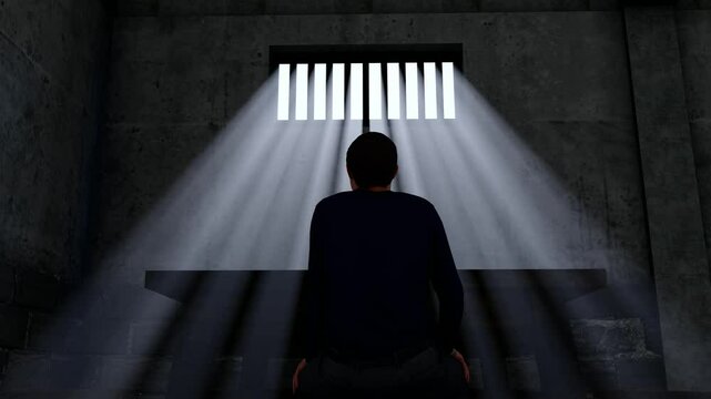 Back view of prisoners in prison（3D software production, not AI）