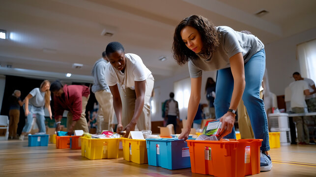 Energetic volunteers packing school supplies with joy, cinematic shot.