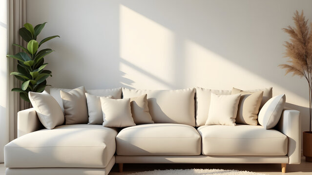 Cozy interior of the living room with a soft large sofa in the living room