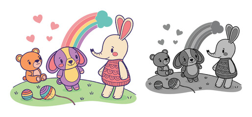 Cute illustrated animals dog elephant and bear friends with rainbow yarn ball and hearts on a colorful background