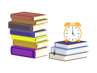 Big set with red, yellow, green, blue opened and closed textbooks, business diaries, workbooks in different positions. Cartoon reading set of hadrdrawn books.