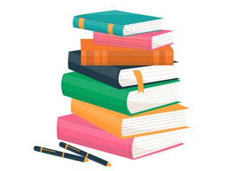 Big set with red, yellow, green, blue opened and closed textbooks, business diaries, workbooks in different positions. Cartoon reading set of hadrdrawn books.