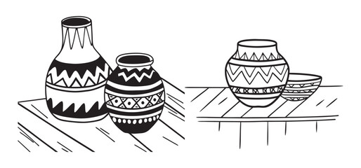 Decorative pottery vessels arranged on wooden surfaces featuring geometric patterns in a minimalist black and white style.
