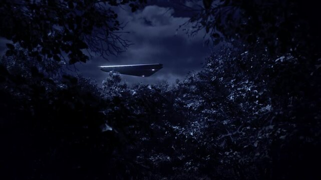 Stunning distant night view through the canopy of trees in a forest in the wilderness, as a huge black triangle flying saucer, with glowing lights at its corners, passes slowly over the dark woodlands