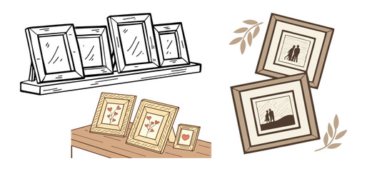 Display of varied framed pictures with silhouettes of a couple and floral motifs for home decor and memories