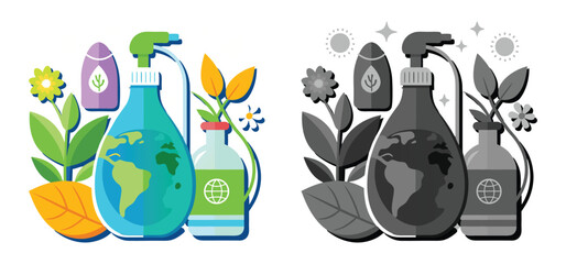Eco-friendly cleaning products and sustainable earth concept illustrated with plants and spray bottles