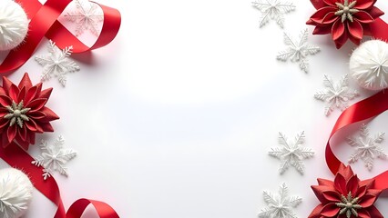 Festive Red Ribbon Christmas Frame Background with Ornaments, Snowflakes, and Evergreen Decorations for Holiday Cards, Invitations, and Seasonal Promotions.

