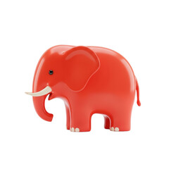 Red Plastic Elephant Toy with White Tusks and Black Eyes on White Background