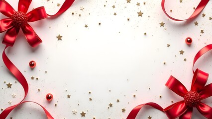 Festive Red Ribbon Christmas Frame Background with Ornaments, Snowflakes, and Evergreen Decorations for Holiday Cards, Invitations, and Seasonal Promotions.
