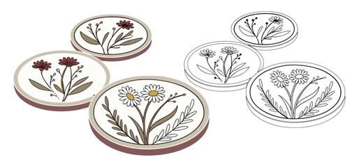 Floral design arrangement on oval plates showcasing illustrations of blooming daisies and elegant botanical sketches in a minimalist style.