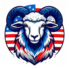 Patriotic Ram: A stylized ram illustration with majestic curled horns and a proud gaze, interwoven with the colors of patriotism and the American flag. 